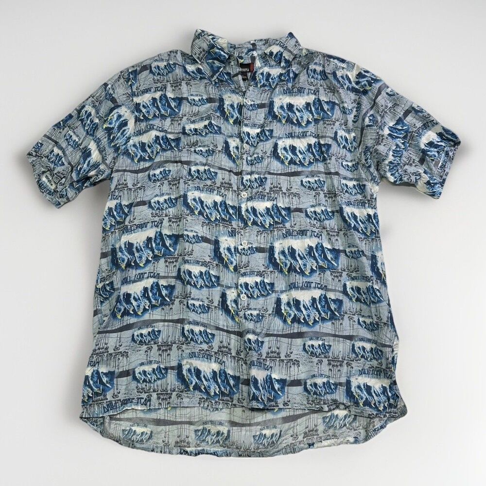VTG Utopia Men’s 100% Silk Short Sleeve Button Up Shirt L – Surfer Wave Blue